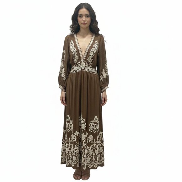 Max Studio Flowy Maxi Dress Brown White Floral Embroidery Festival Bohemian M - Picture 1 of 9